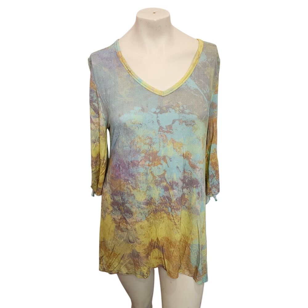 Soft Surroundings Tunic Top M Tie Dye Boho V Neck Tie Sleeve Lagenlook